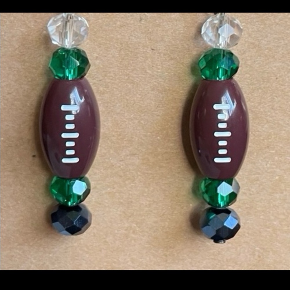 Football Bead Earrings with Green and Black Accents